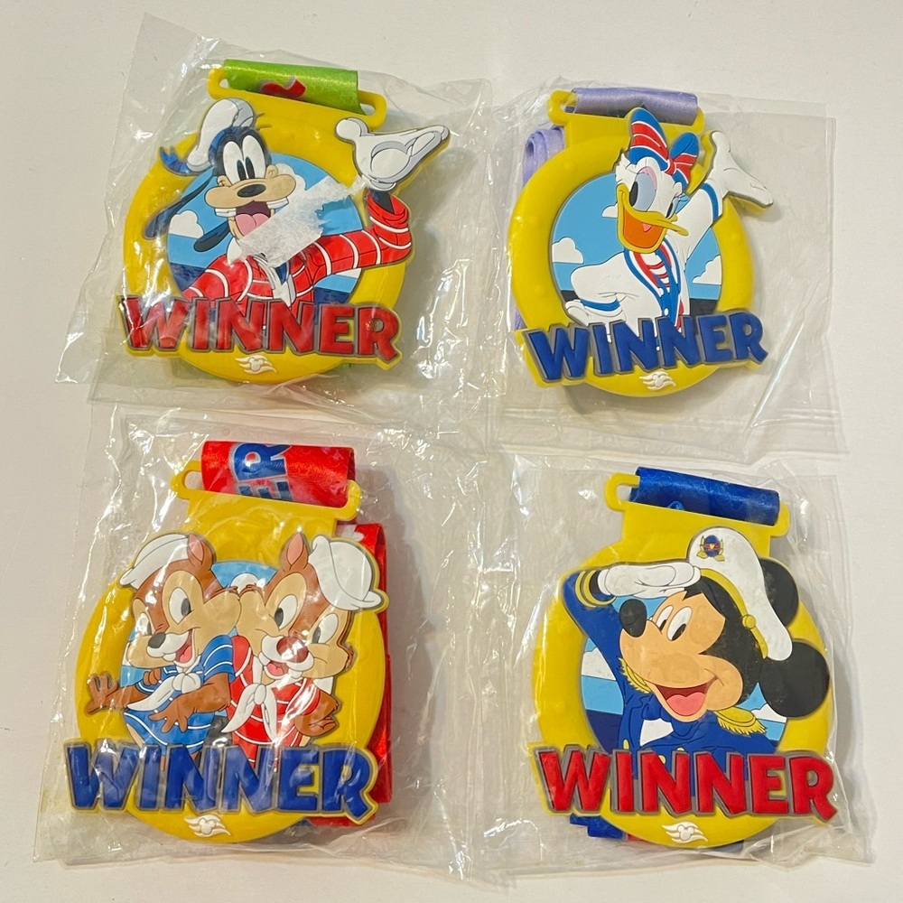 New 4 Disney Cruise Line Rubber Medallion Lanyard Winner Medals Mickey Mouse…..